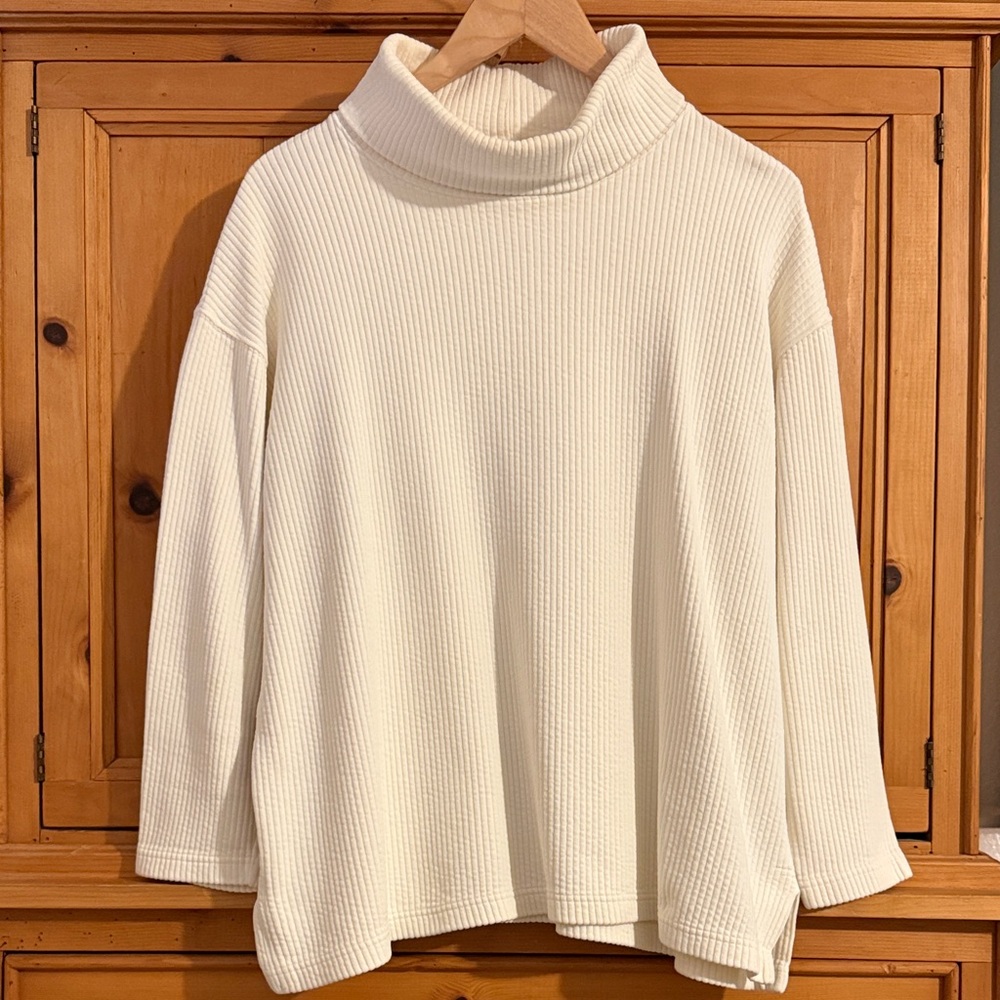 Jones New York Sport 100% Cotton Ribbed Cowl Neck Boxy Sweater, Cream, Medium